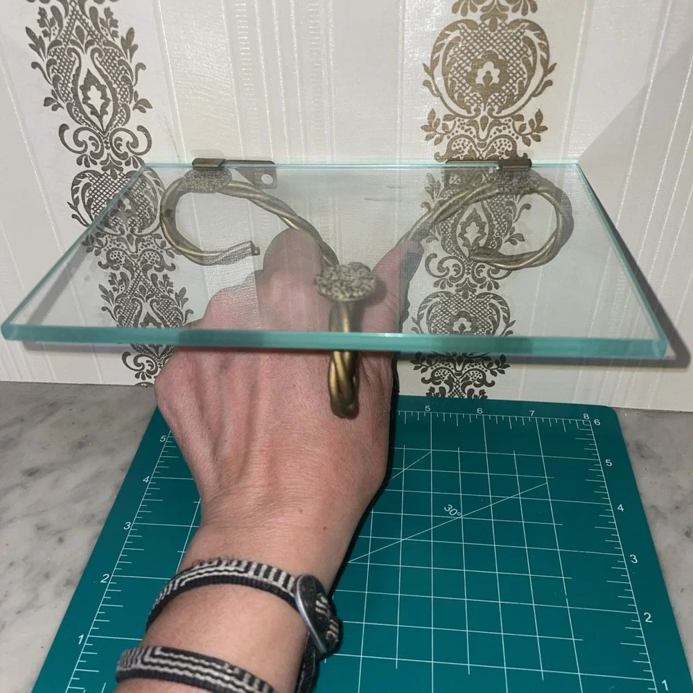 MCM Vtg Glass & Goldtone Metal Wall Shelf Twisted Ribbon Accent Hollywood 5X7
